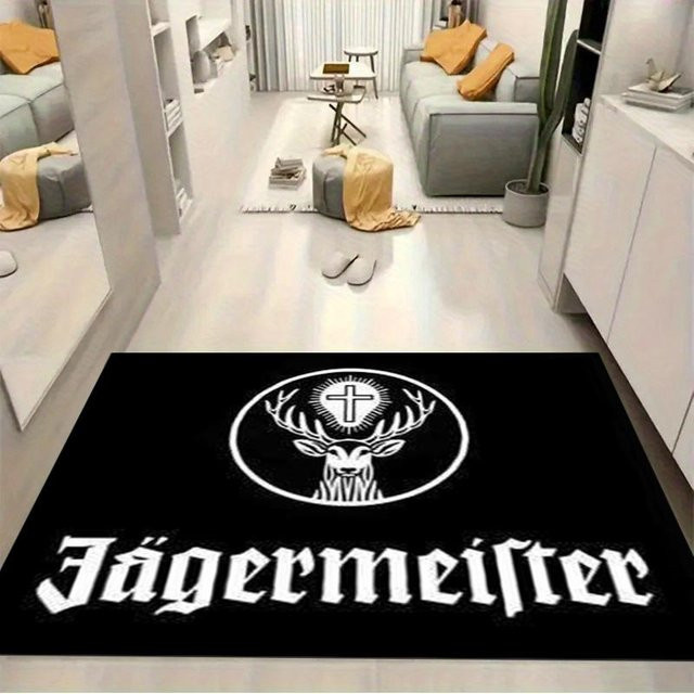 Rutschfeste Fußmatte mit Jägermeister Hirsch Logo in Schwarz, Rechteckiger Teppich für Wohnzimmer oder Man Cave, B/T: 70 x 100 cm - Bild 1