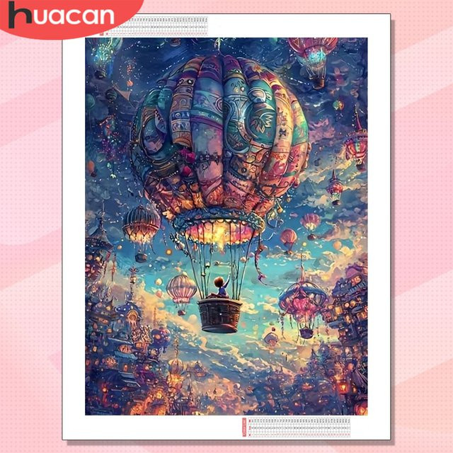 HUACAN Diamond Painting Heißluftballon-Landschaft Mosaik 5D DIY Diamantkunst mit runden Steinen in Multicolour, Breite: 30 cm, Höhe: 20 cm - Bild 1