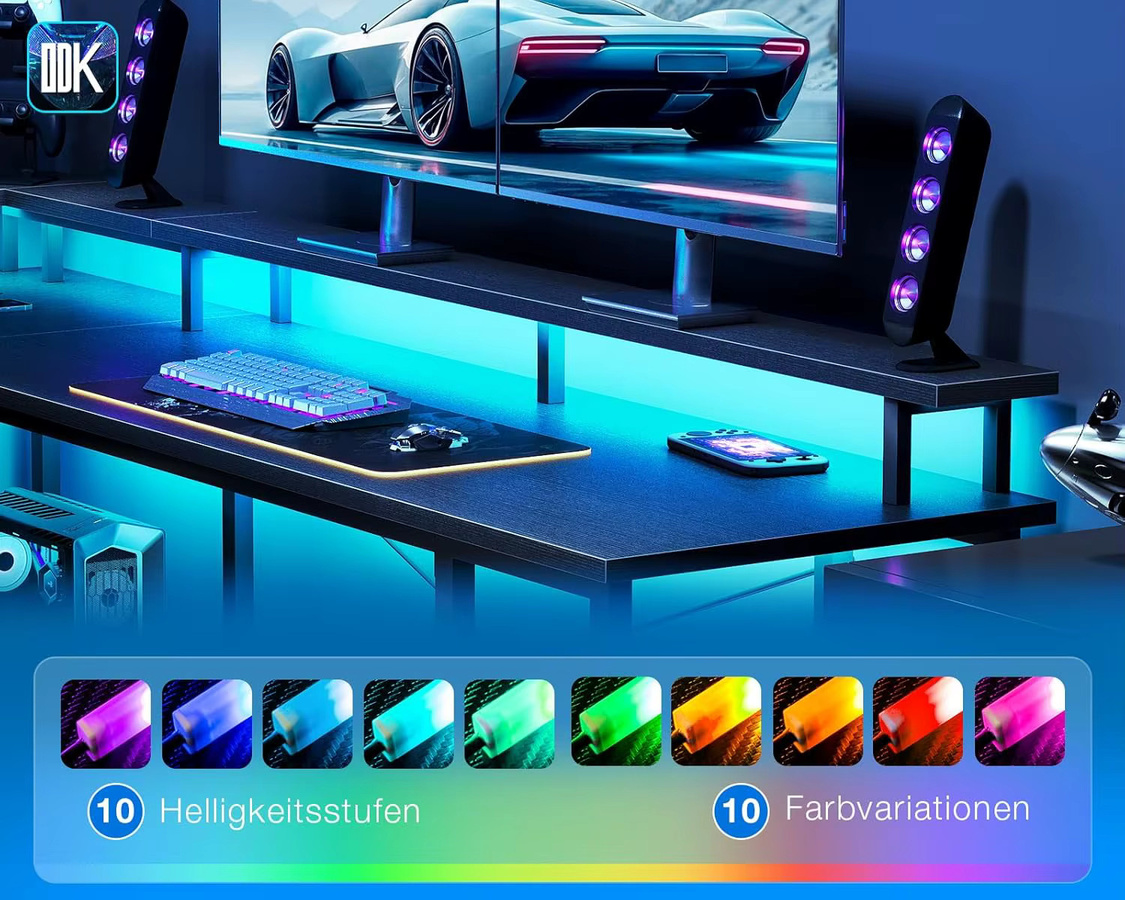 Coleshome Gaming Tisch mit LED und reversibler Platte in Schwarz, B: 150 cm, T: 102 cm - Bild 4
