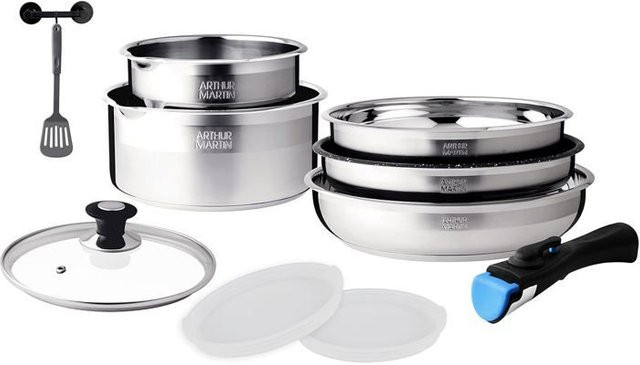 Arthur Martin AM0025 10-teiliges Kochgeschirr-Set aus Edelstahl in Silber mit abnehmbarem Griff und Kasserolle mit Ausgießer - Bild 1