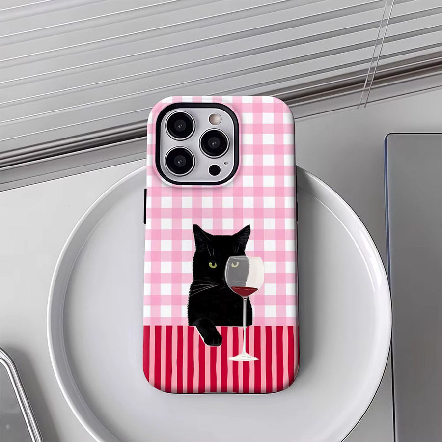 Potdemiel Handyhülle mit Wein- und Katzen-Design für iPhone 17 16 15 14 13 Pro Max Plus in Pink, robuste Magnet-Schutzhülle mit Einzel- und Doppelschicht-Schutz - Bild 3