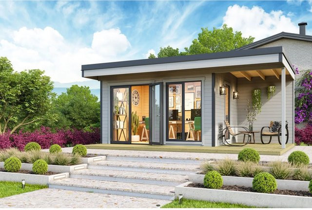 Lasita Holz-Gartenhaus Domeo 7 Flachdach in Lichtgrau lasiert mit Blockbohlenbauweise und modernem Design, B/T: 400 x 300 cm - Bild 1