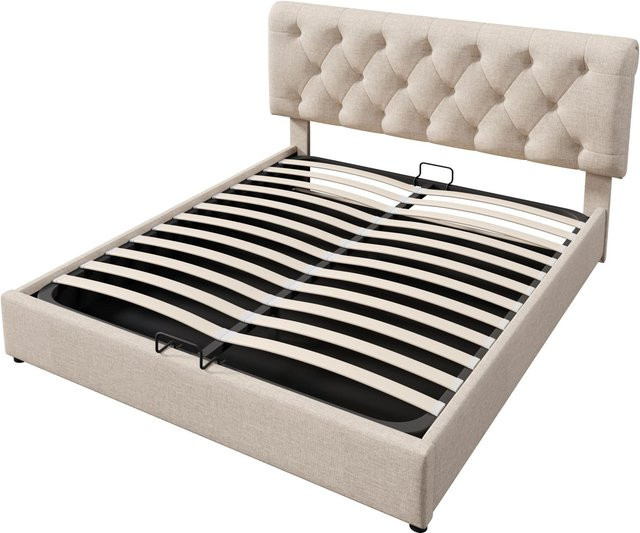 okwish Polsterbett mit Kopfteil und Matratze in Beige, B/T/H: 140 x 200 x 112 cm - Bild 1