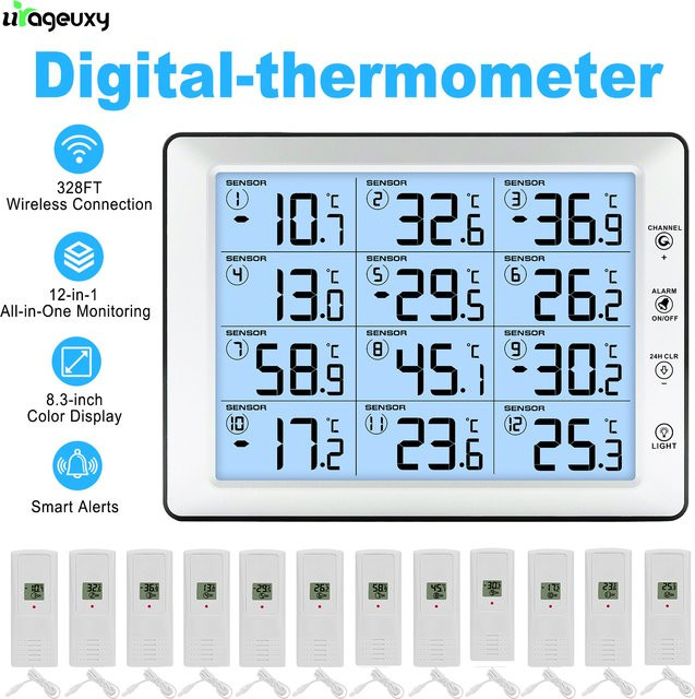 Urageuxy Drahtloser 12-in-1 Temperaturmonitor mit 8,3 Zoll Farbdisplay und Ton- sowie Lichtalarm in Weiß - Bild 1