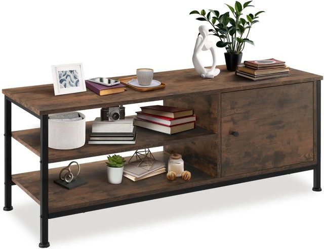 tectake TV-Regal Durban Industrial Style in Schwarz und Braun mit 2 offenen Fächern und Staufach mit Magnettür, B/T/H: 110 x 40 x 45,5 cm - Bild 2