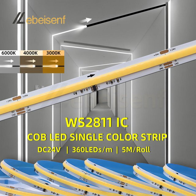 lebeisenf COB WS2811 LED-Lichtleiste RGBIC mit Durchflusseffekt, 5 m Länge, 360 LEDs, DC24 V, adressierbar und zuschneidbar - Bild 1