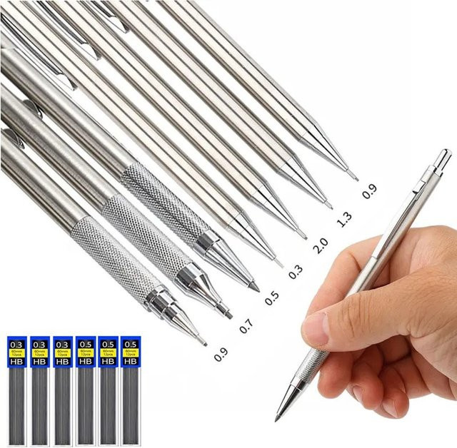Vollmetall-Druckbleistift in Silber mit austauschbaren Graphitminen für Schule und Büro - Bild 1
