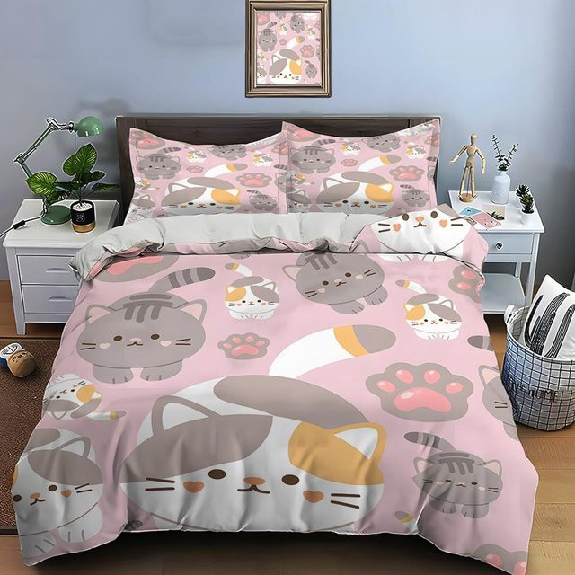 Bettwäscheset mit niedlichem Cartoon-Katzen-Druck, bestehend aus 1 Bettbezug und 2 Kissenbezügen, B/B/H: 135 x 200 cm - Bild 1