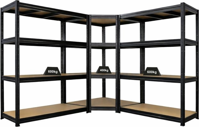PROREGAL DINO Schwerlastregal-Set aus Metall in Schwarz bestehend aus 1x Eckregal und 2x Schwerlastregal mit einer Fachlast von 400 kg, B/T/H: 180 x 90 x 60 cm und B/T/H: 180 x 160 x 60 cm - Bild 1