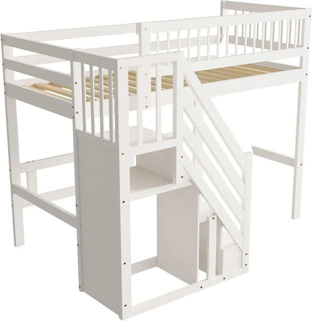 okwish Massivholzbett für Kinder aus Kiefernholz mit Treppe und Aufbewahrungsschrank, Farbe: Weiß, B/T/H: 90 x 200 x 170 cm - Bild 1