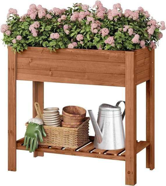 WOLTU Beistelltisch aus Massivholz Tannenholz in Dunkel Braun B: 80 cm, T: 75 cm, H: 40 cm - Bild 1