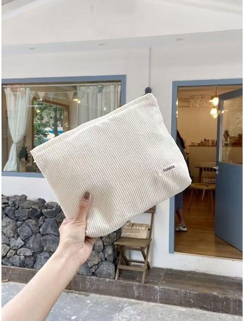 Corduroy Kosmetiktasche mit großer Kapazität in Himbeerrosa und Weiß - Bild 1