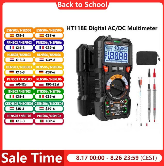 KAIWEETS HT118E Digitales AC/DC-Multimeter TRMS mit 2,7-Zoll-Display und LED-Blitzbuchsen in Schwarz - Bild 1
