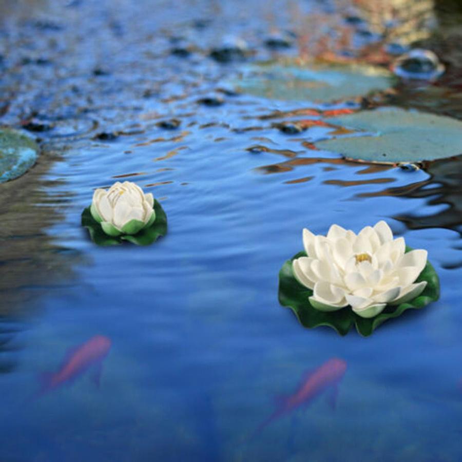 6er Set Künstliche Lotusblumen und Blätter in Weiß und Grün aus Kunststoff und Schaumstoff für Teich, Garten und Aquarium - Bild 5