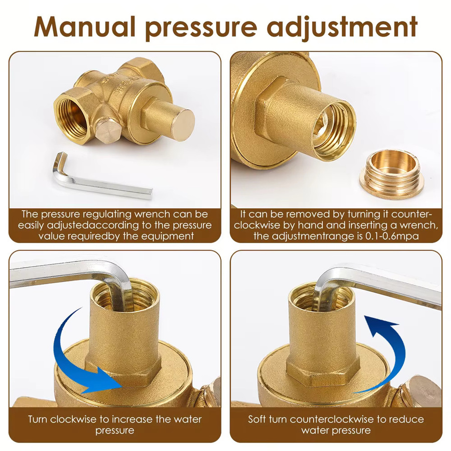 Einstellbarer Wasserdruckregler aus Messing mit Manometer DN20/15 in Gold - Bild 4