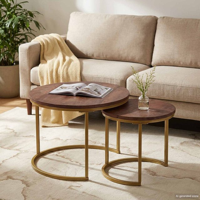 vidaXL Nesting-Couchtisch Set aus 2 Teilen aus Massivholz Mango und Stahl in Braun, rund - Bild 2