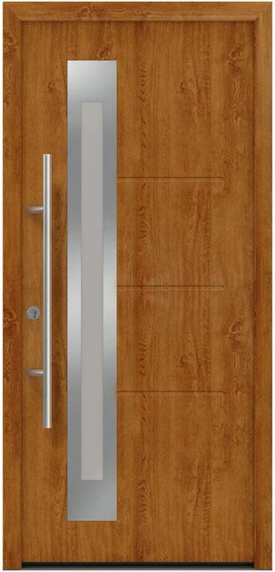 EcoStar Haustür Isopro Secur IPS 780S in Golden Oak, Farbe: Braun, mit Glaseinsatz, Material: Stahl und Aluminium, Sicherheit: RC2, B/H: 110 cm x 210 cm, DIN Links - Bild 1