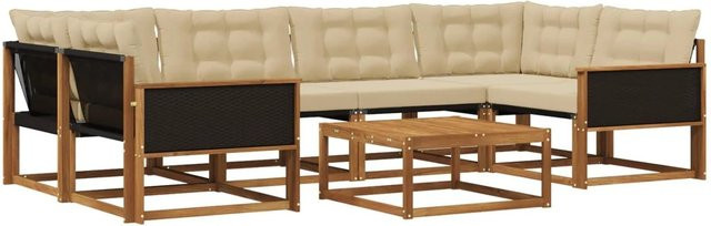 vidaXL Outdoor-Sofagarnitur L-Form aus massivem Akazienholz mit 7 Textilene-Kissen in Natur-Beige - Bild 1