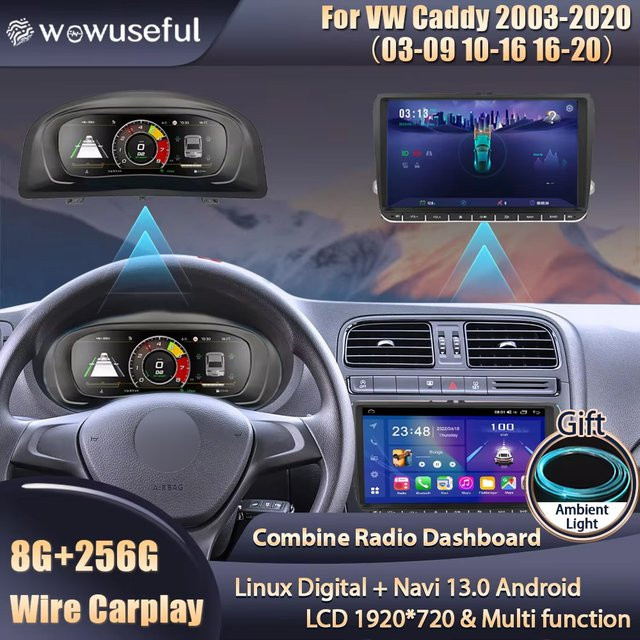 Wowuseful 10,25 Zoll Digitales Dashboard Cluster Android Player für VW Caddy 2003-2020 mit Karten-Navigation und Radio in Schwarz - Bild 1