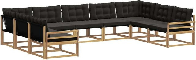 vidaXL Outdoor-Sofagarnitur in U-Form aus Akazienholz mit Textilene und Kissen, 9-teilig, Weiß-Schwarz - Bild 1