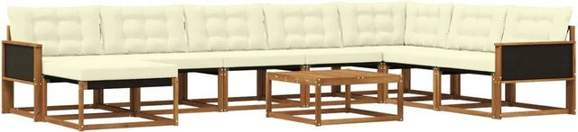 vidaXL Outdoor-Sofagarnitur aus Akazienholz in U-Form, 9-teiliges Set mit Textilene-Bezug und cremefarbenen Kissen, Natur und Braun - Bild 1