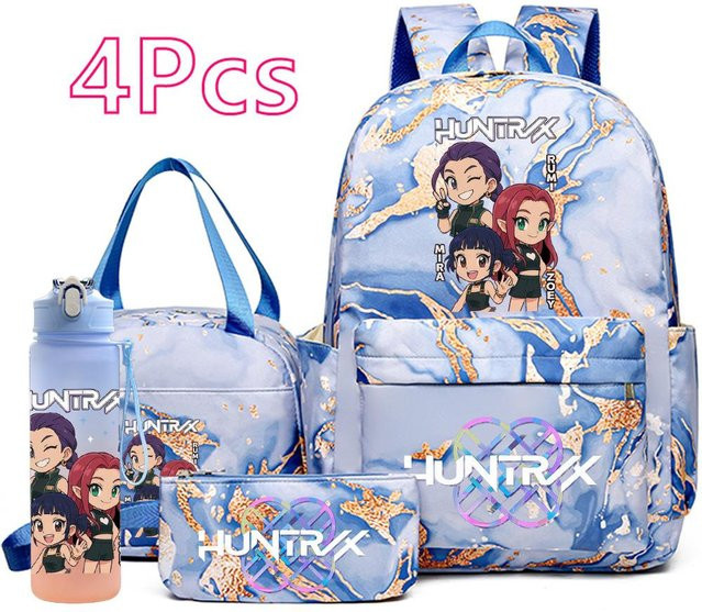 4-teiliges K-Pop Schultaschen-Set mit Rucksack, Federmäppchen und 750 ml Wasserflasche in Blau für Teenager - Bild 1