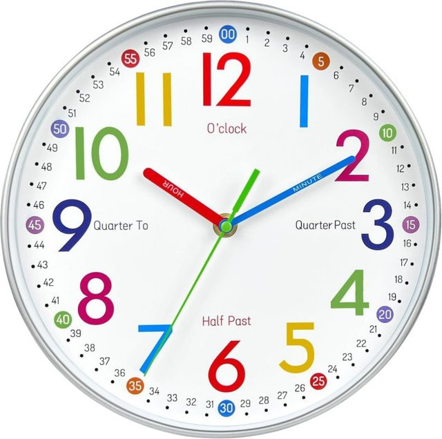 XMSJ Wanduhr für Kinder, analoge und geräuschlose Lernuhr in Silber, Durchmesser: 30,48 cm - Bild 1