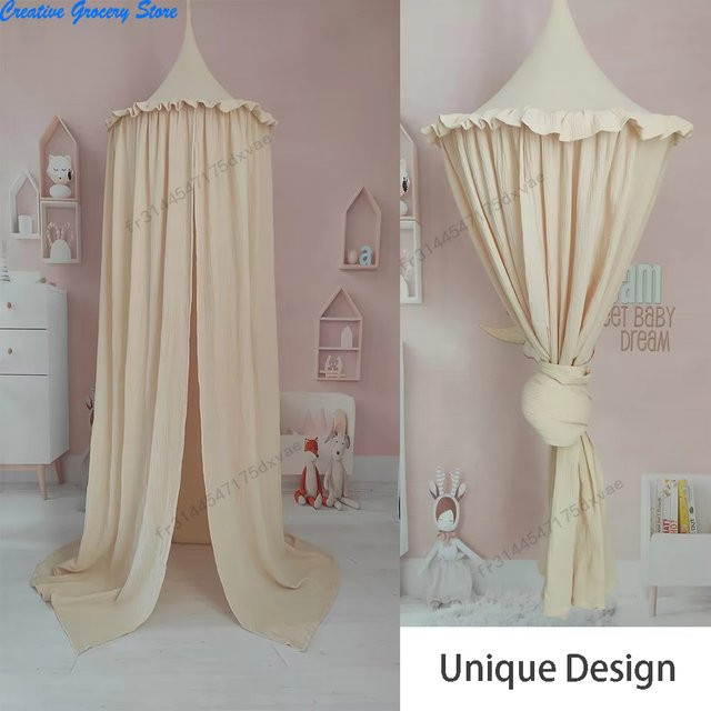 NUOYING Hängender Betthimmel aus Musselin-Baumwolle mit Rüschen für das Kinderzimmer in Blau und Beige - Bild 1