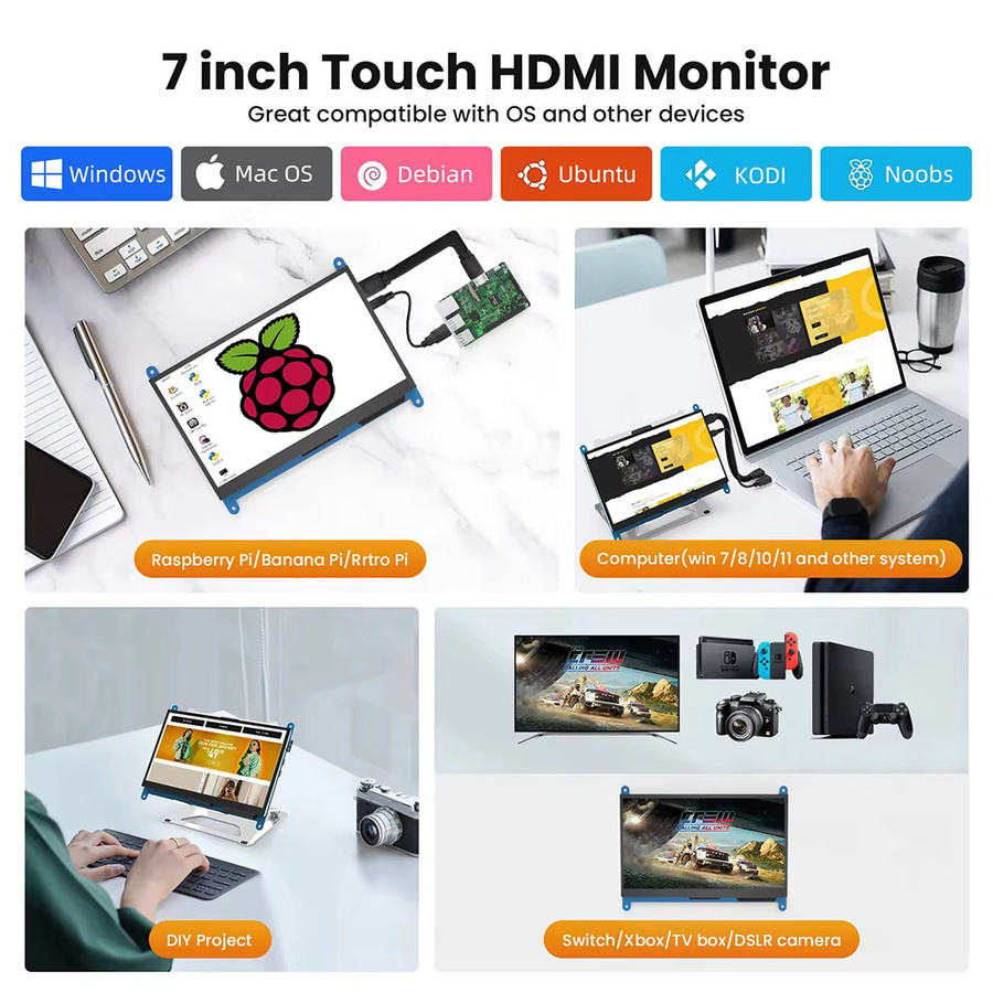 Eyoyo 7 Zoll Raspberry Pi Monitor mit HD IPS Touchscreen und 5-Punkt-kapazitivem Touch-Display, 1024x600 Auflösung, kompatibel mit Raspberry Pi 4/3/2/1/3B+/BB, Banana Pi und Windows - Bild 4