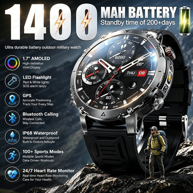 GUHUAVMI TANK Ultra Smartwatch für Herren in Schwarz mit 1400mAh Akku, GPS-Tracking, Bluetooth-Anruffunktion und Sport-Taschenlampe, wasserdicht und Outdoor-tauglich - Bild 1