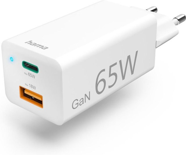 Hama GaN Schnellladegerät mit 65 W, 1x USB-C PD und 1x USB-A QC, Weiß - Bild 1