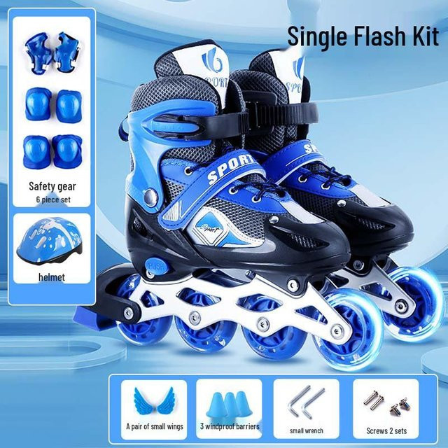 FANQISON Verstellbares Kinder-Inline-Skates-Set, mit PVC-Blinkrollen, Helm und Schutzausrüstung, blau/schwarz - Bild 1