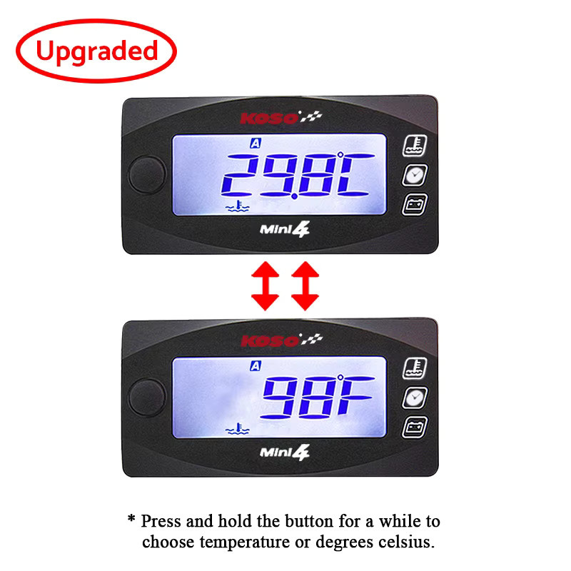KOSO Mini 4-in-1 Motorrad-Wasserthermometer mit Dual-Temperatur-LCD-Digitalanzeige für Öl- und Wassertemperatur, Zeit und Volt in Schwarz - Bild 5