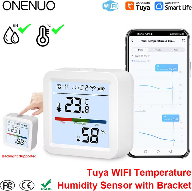 ONENUO Tuya WIFI Temperatur und Feuchtigkeit Sensor Hygrometer Thermometer mit Hintergrundbeleuchtung, Smart Home App Steuerung, Farbe: Weiß - Bild 1