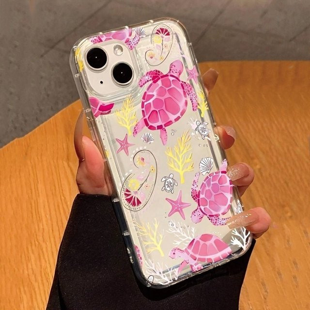Transparente Apple iPhone Handyhülle aus TPU mit rosa Seestern- und Meeresschildkrötenmuster - Bild 1