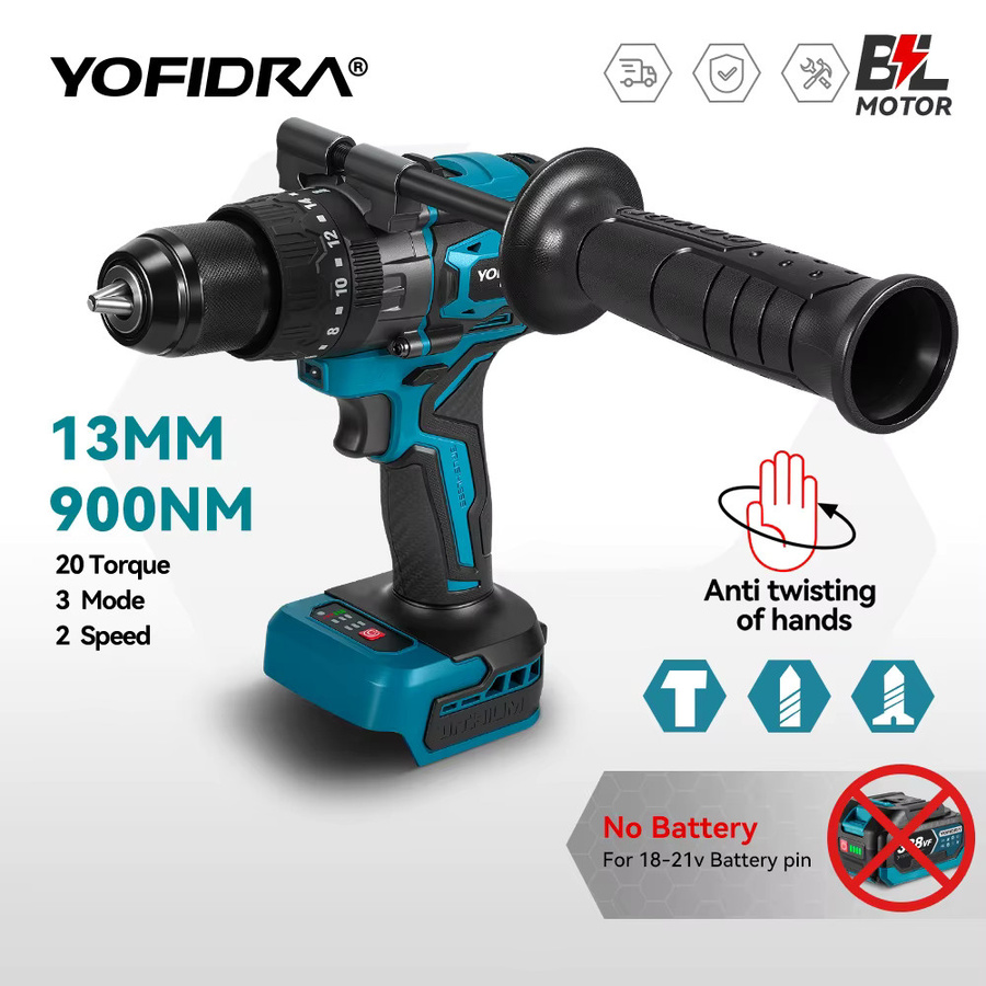 YOFIDRA Bürstenlose elektrische Schlagbohrmaschine mit 900 N.m Drehmoment und 20 + 3 Modi, Handheld Bohrer und Schraubendreher, kompatibel mit Makita Akku-Pin - Bild 7