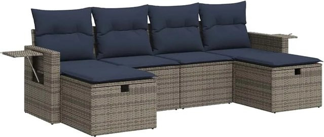 vidaXL 6-teilige Garten-Sofagarnitur aus Poly-Rattan mit Kissen in Grau und Marineblau - Bild 1