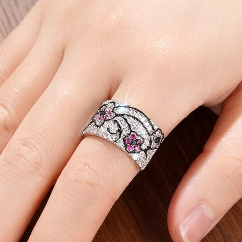 Huitan Ringe, Rosa Blume, Zirkonia, Silber, Damen - Bild 3