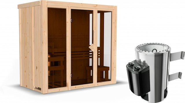 Karibu Sauna IRAVA 2 aus nordischer Fichte und Espe mit 3,6 kW Ofen und integrierter Steuerung, B/T/H: 216 x 122 x 198 cm - Bild 1