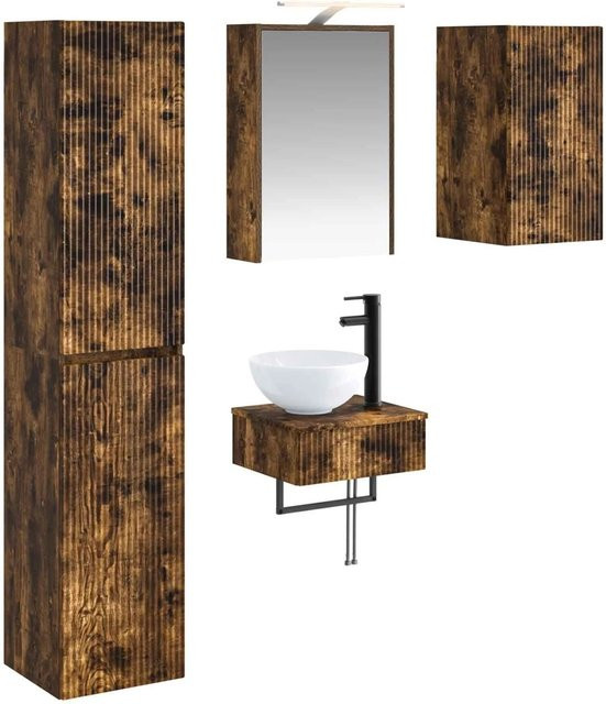 vidaXL Badezimmermöbel-Set 5-teilig aus Eiche in Braun mit LED-Beleuchtung und Spiegelschrank - Bild 1