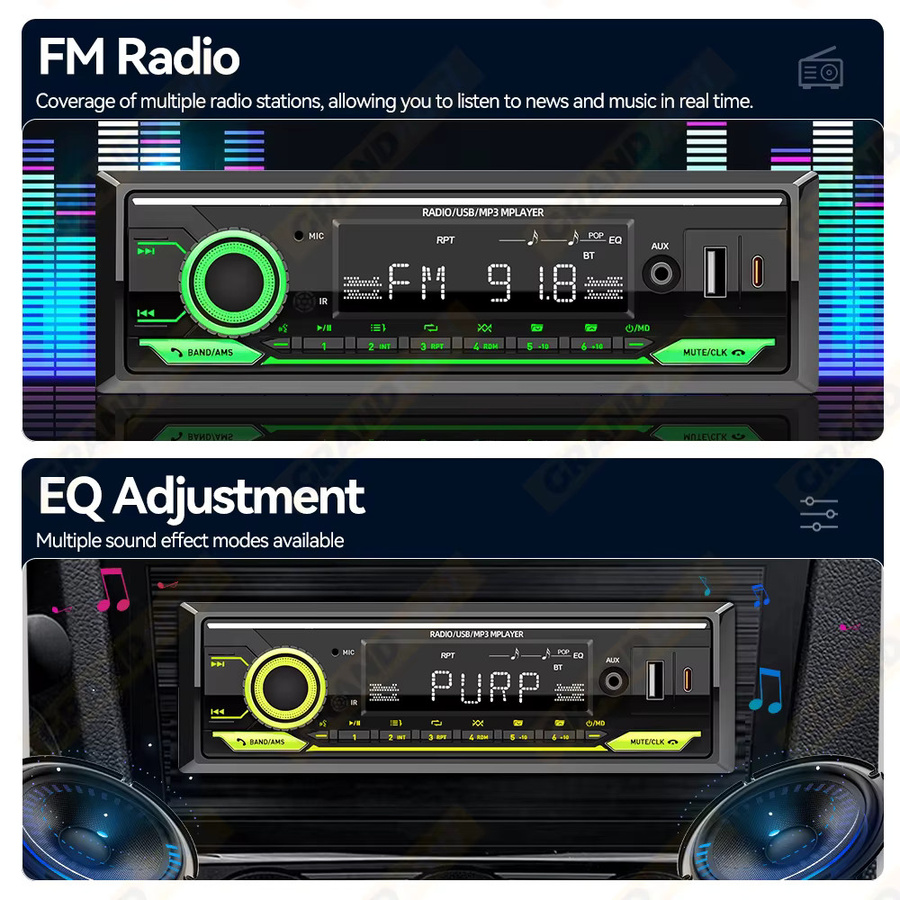Grandnavi 1-DIN Stereo MP3-Player mit Bluetooth, USB-C, AUX und Sprachassistent in Schwarz - Bild 6