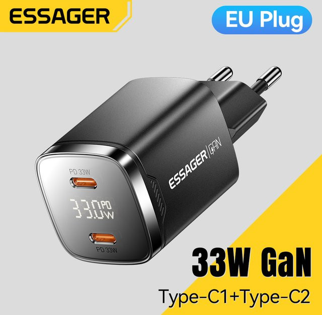 Essager 33 W GaN Dual USB Typ C Ladegerät mit Digital Display in Schwarz für iPhone, iPad und andere Geräte mit PD Schnelle Aufladung - Bild 1