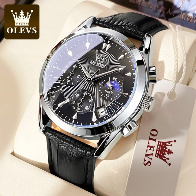 OLEVS Armbanduhr, Quarz, Chronograph, Leder, Silber, Herren - Bild 1