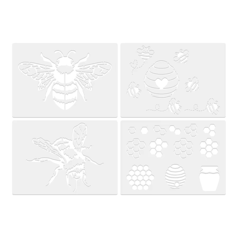4 Stück Bienenschablonen aus Kunststoff in Weiß, Insekten-Malvorlagen für Wand, Leinwand und Stoff, DIY-Basteldekoration, Format A4 - Bild 2