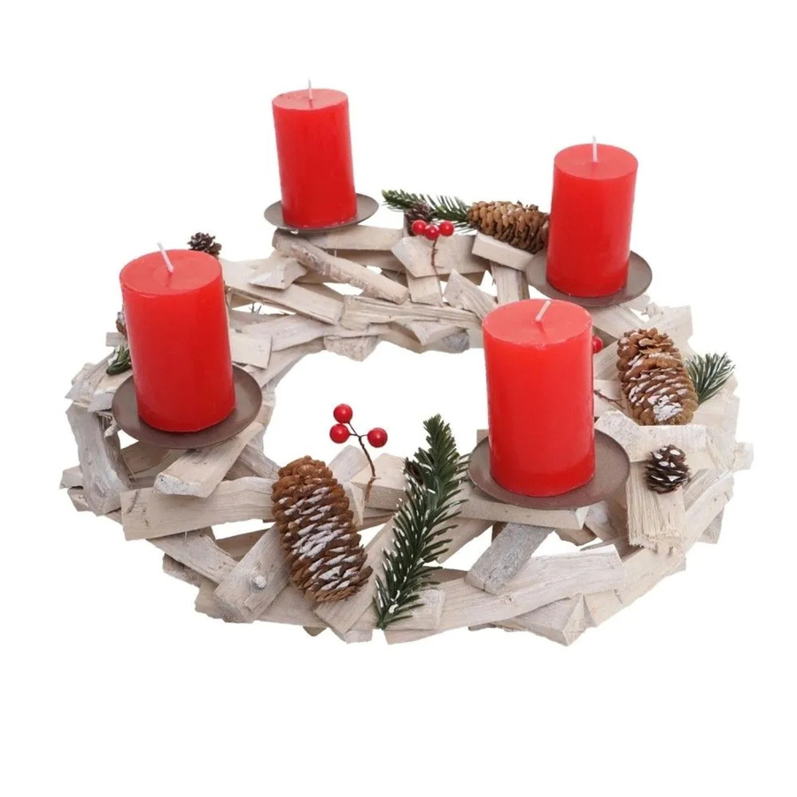 MCW Adventskranz aus Holz in Weiß-Grau mit roten Blockkerzen, Durchmesser: 40 cm - Bild 2