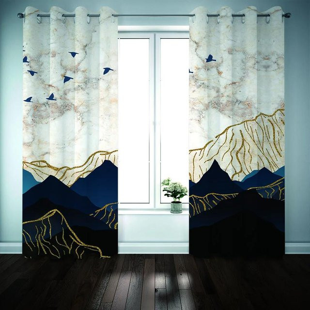 Yiran Furniture Verdunkelungsvorhang mit Vögel über Bergen Muster in Gold und Blau, Breite: 55 cm, Höhe: 120 cm - Bild 1