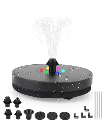 Hypmark Solar-Springbrunnenpumpe mit 8 Düsen und farbigen LED-Lichtern in Schwarz für Garten, Teich, Pool und Aquarium