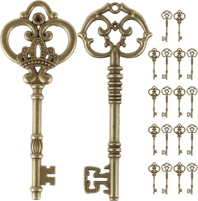 20 Stück große Skelettschlüssel in Gold aus Metall im antiken Design als DIY Bastelzubehör und Vintage-Schlüsselanhänger-Set - Bild 1