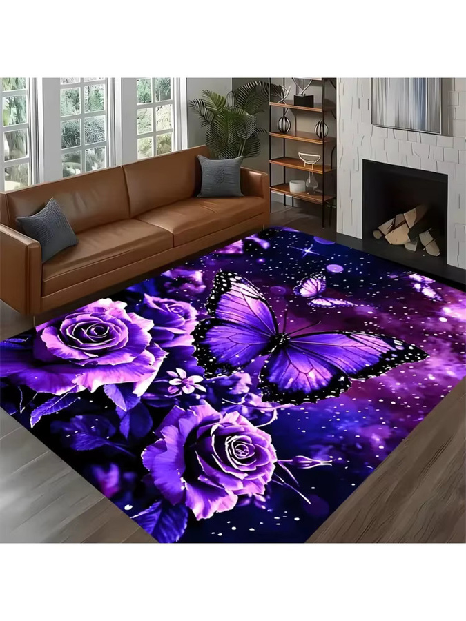 VIKAMA Teppich mit Schmetterlings- und Blumenmuster in Lila, rutschfester und weicher Flanell-Bodenmatte für Wohnzimmer, Schlafzimmer oder Arbeitszimmer - Bild 4