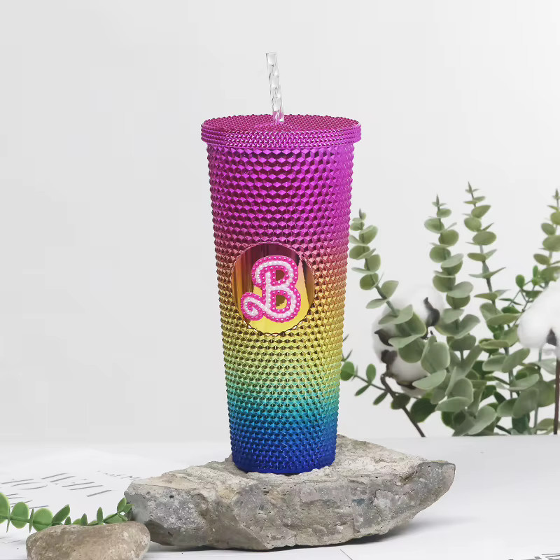 LUSQI Kreativ-Wasserflasche Durian-Becher mit Strohhalm in Pink und Multicolour, tragbarer auslaufsicherer Becher mit großer Kapazität - Bild 2